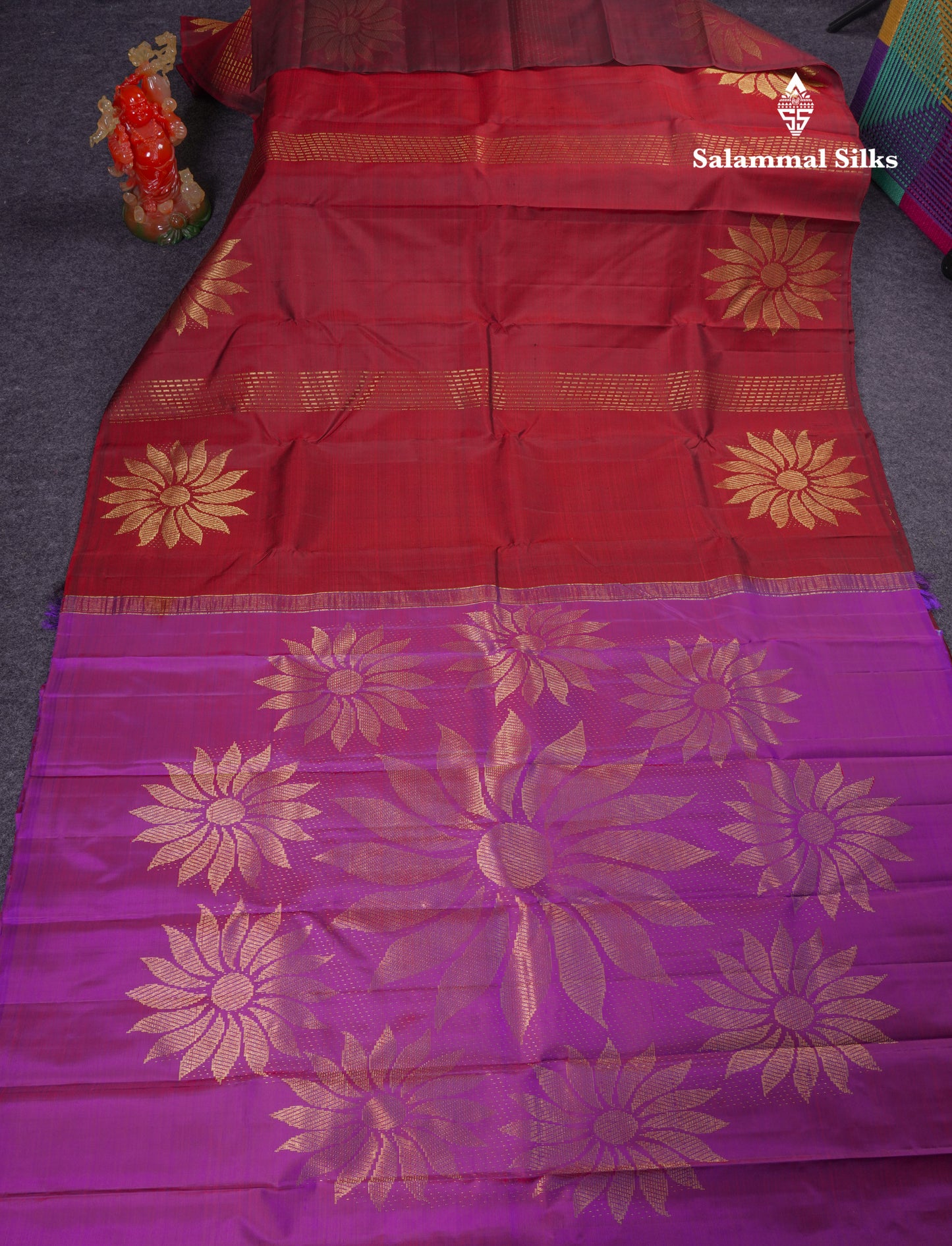 Beautiful Dark Maroon Fancy Pure Kanjivaram Silk Saree With Contrast Purple Blouse