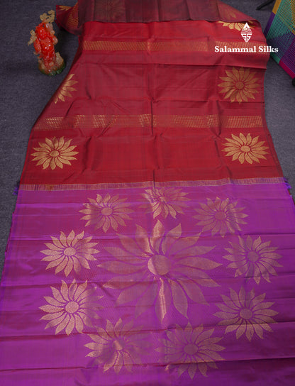 Beautiful Dark Maroon Fancy Pure Kanjivaram Silk Saree With Contrast Purple Blouse