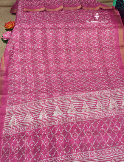 Army Green Printed Cotton Mix Saree With Tissue Border