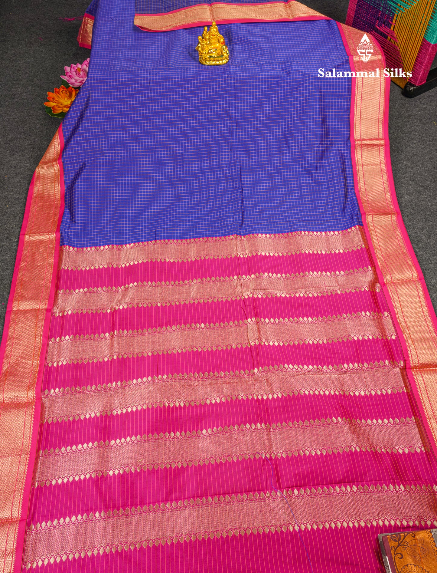 9 Yards Semi Silk Saree Violet with Contrast Pink Border