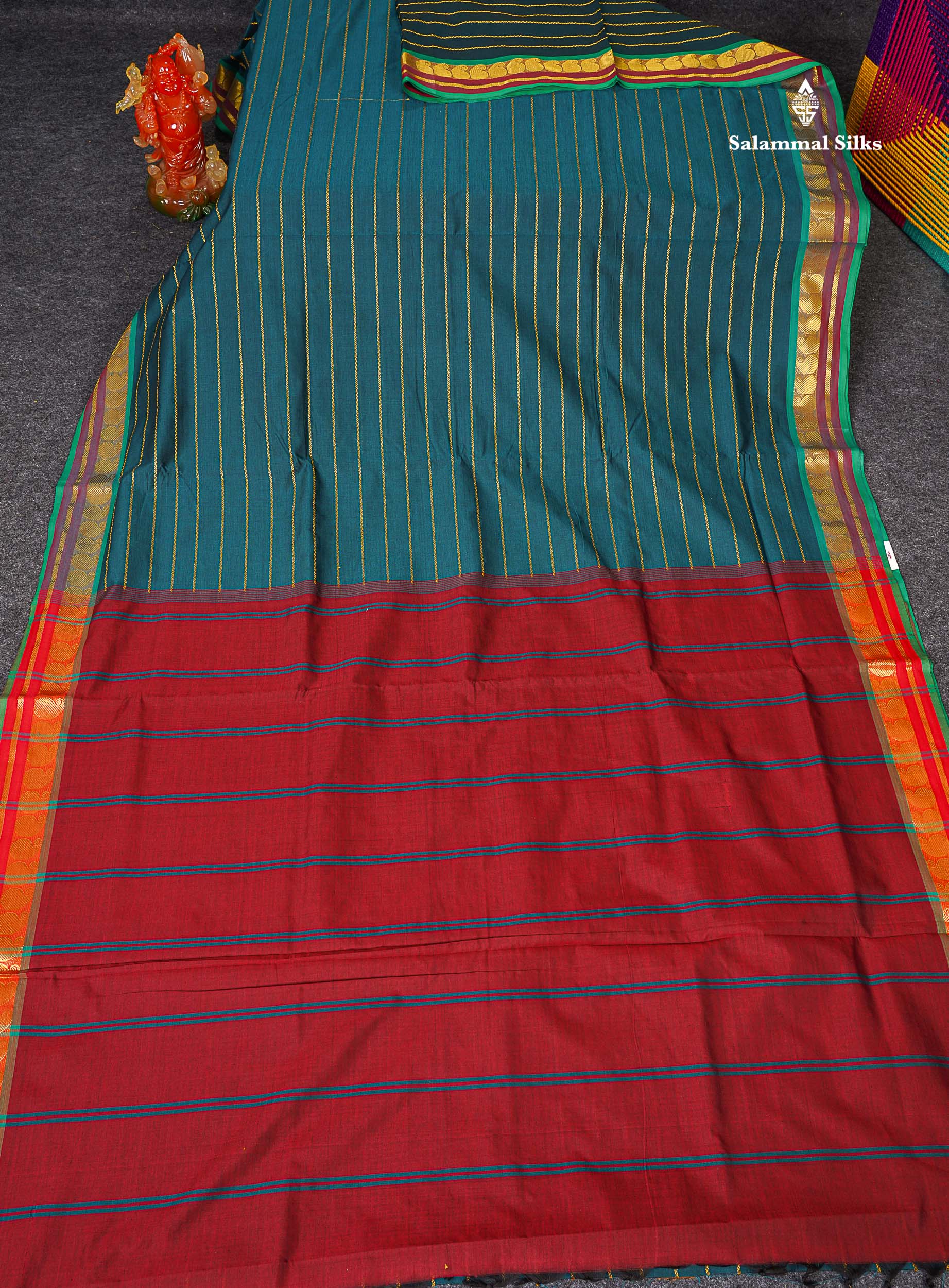 Full View Of Peacock Blue Semi Silk Cotton Saree