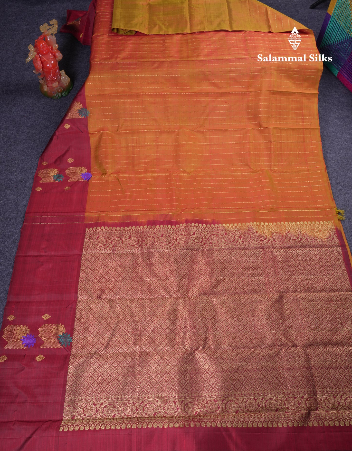 Beautiful Mustard Yellow Pure Kanjivaram Silk Saree With Contrast Maroon Zari & Thread Butta One Side Border