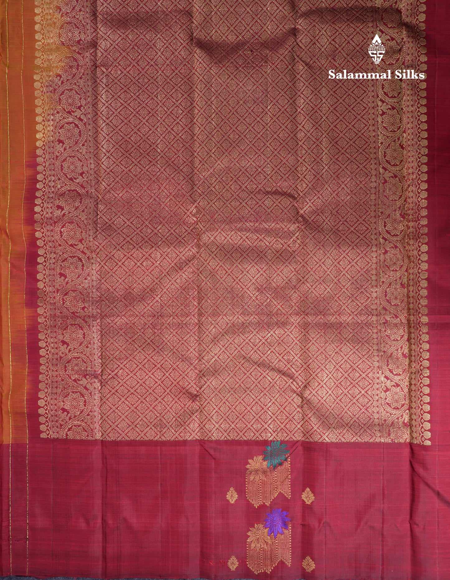 Beautiful Mustard Yellow Pure Kanjivaram Silk Saree With Contrast Maroon Zari & Thread Butta One Side Border