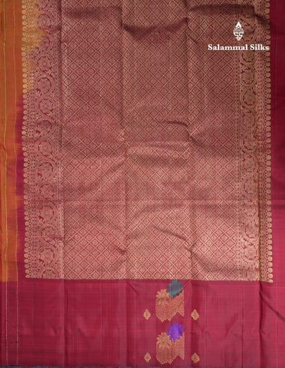 Beautiful Mustard Yellow Pure Kanjivaram Silk Saree With Contrast Maroon Zari & Thread Butta One Side Border