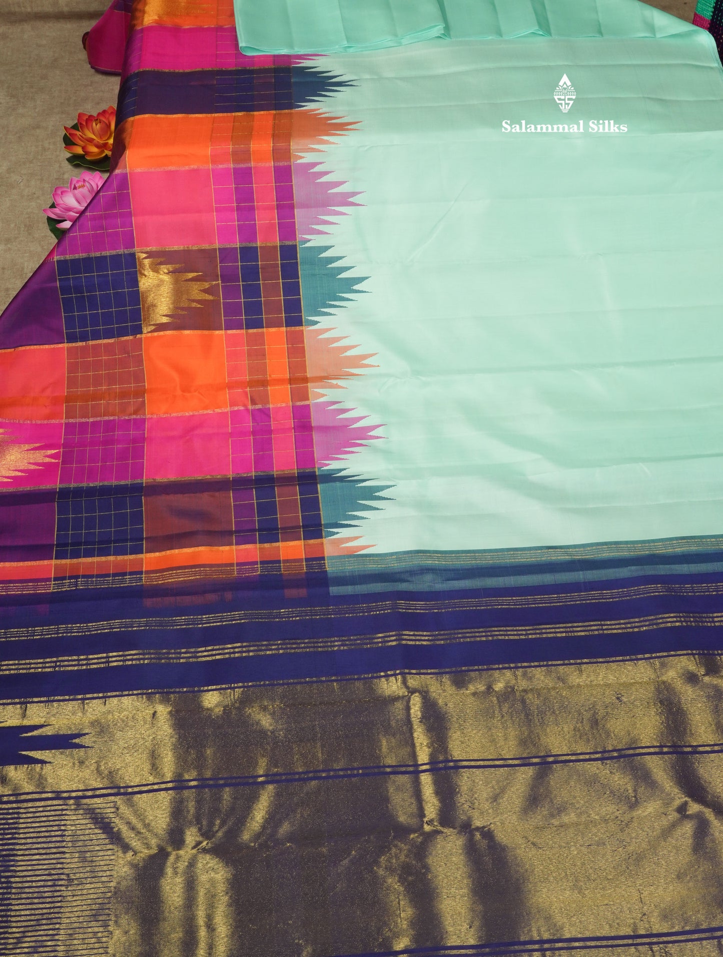 Light Ananda Korvai Pure Kanjivaram Silk Saree with Traditional One Side Multicolour Temple Border
