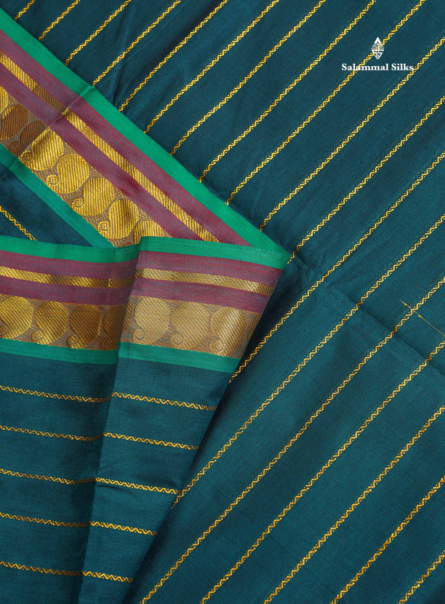 Semi Silk Cotton Saree - Peacock Blue Colour Body With Traditional Border
