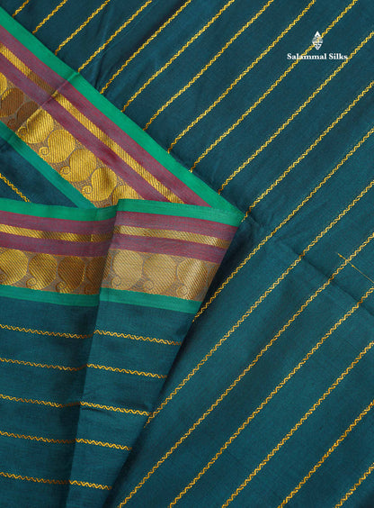 Semi Silk Cotton Saree - Peacock Blue Colour Body With Traditional Border