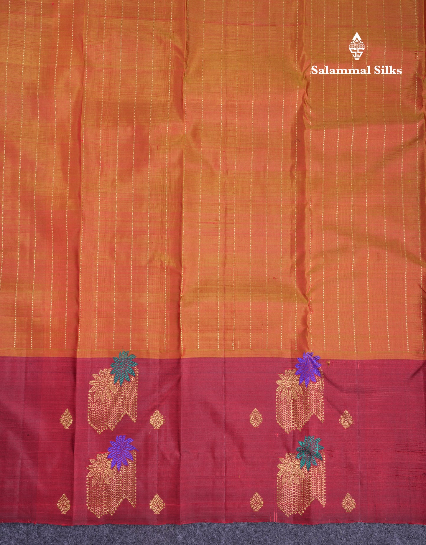 Beautiful Mustard Yellow Pure Kanjivaram Silk Saree With Contrast Maroon Zari & Thread Butta One Side Border