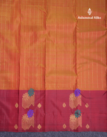 Beautiful Mustard Yellow Pure Kanjivaram Silk Saree With Contrast Maroon Zari & Thread Butta One Side Border