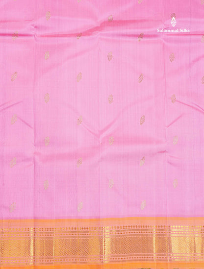 One Side Border Pure Silk Saree - Pink Colour Body Zari Butta With Contrast Orange Border