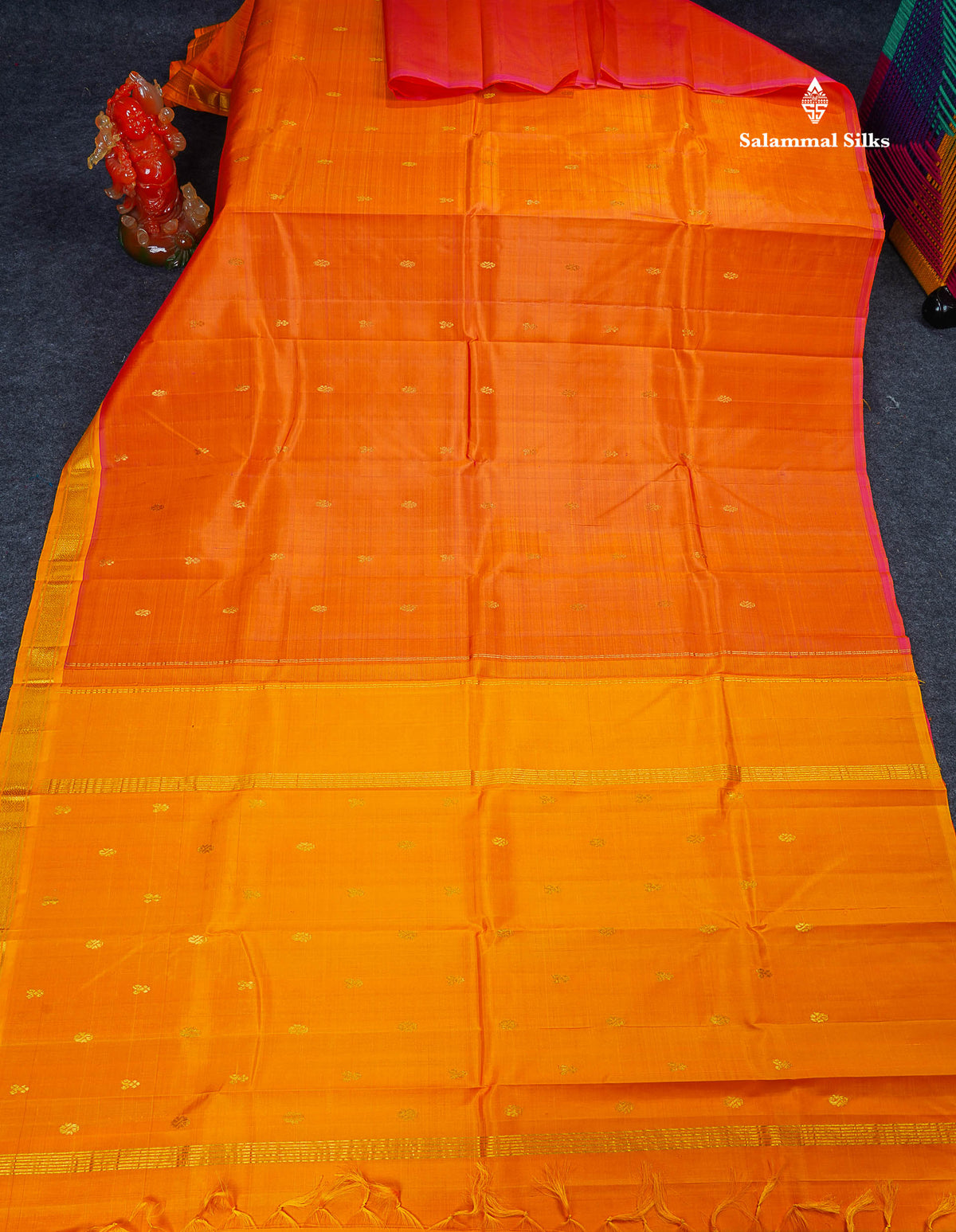One Side Border Pure Silk Saree - Orange Colour Body Zari Butta With Contrast Yellow Border 