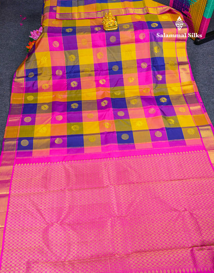Paalum Pazham Checks Kanjivaram Pure Silk Saree With Contrast Pink Border