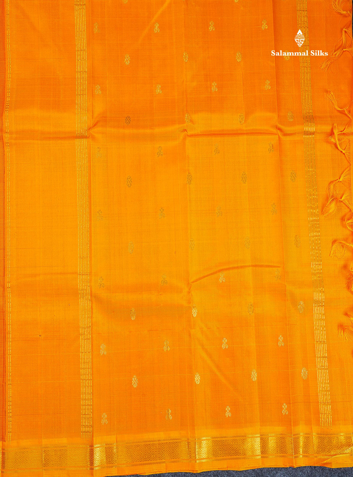 One Side Border Pure Silk Saree - Orange Colour Body Zari Butta With Contrast Yellow Border