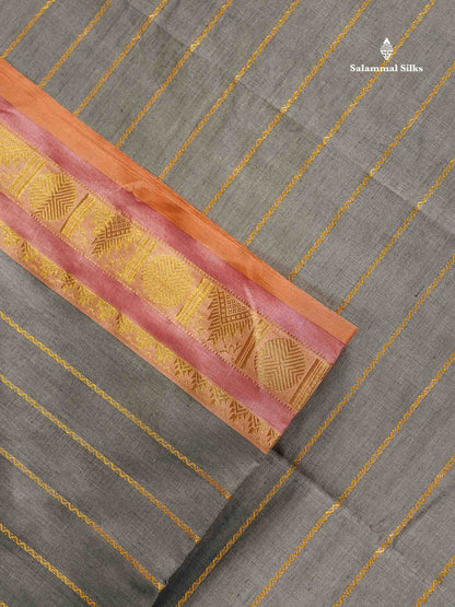 Semi Silk Cotton Saree - Light Grey Colour Body With Traditional Border