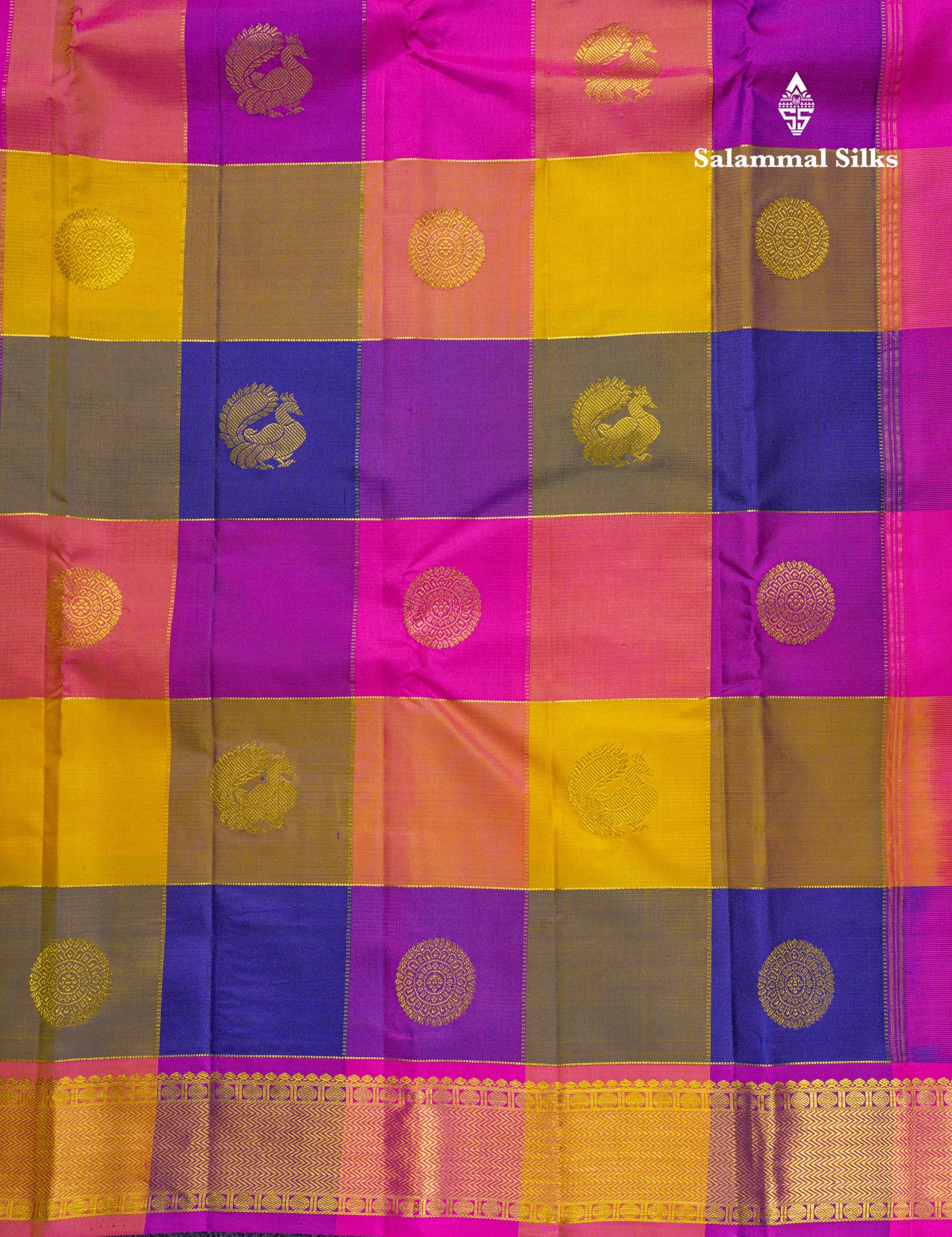 Paalum Pazham Checks Kanjivaram Pure Silk Saree With Contrast Pink Border