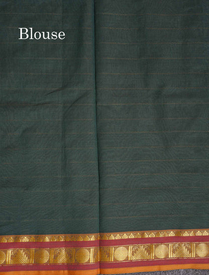 Contrast Dark Bottle Green Blouse Of Light Grey Semi Silk Cotton Saree