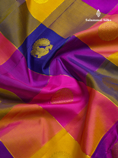 Paalum Pazham Checks Kanjivaram Pure Silk Saree With Contrast Pink Border
