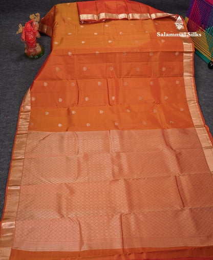 Beautiful Rust Orange Pure Kanjivaram Silk Saree With Traditional Small Border