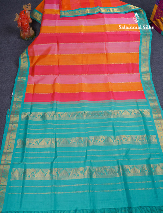 Multicolour Fancy Pure Silk Cotton Saree With Contrast Sapphire Green Traditional Border