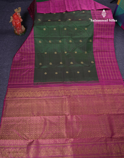 Beautiful Bottle Green Pure Kanjivaram Silk Saree With Contrast Magenta Checks Border