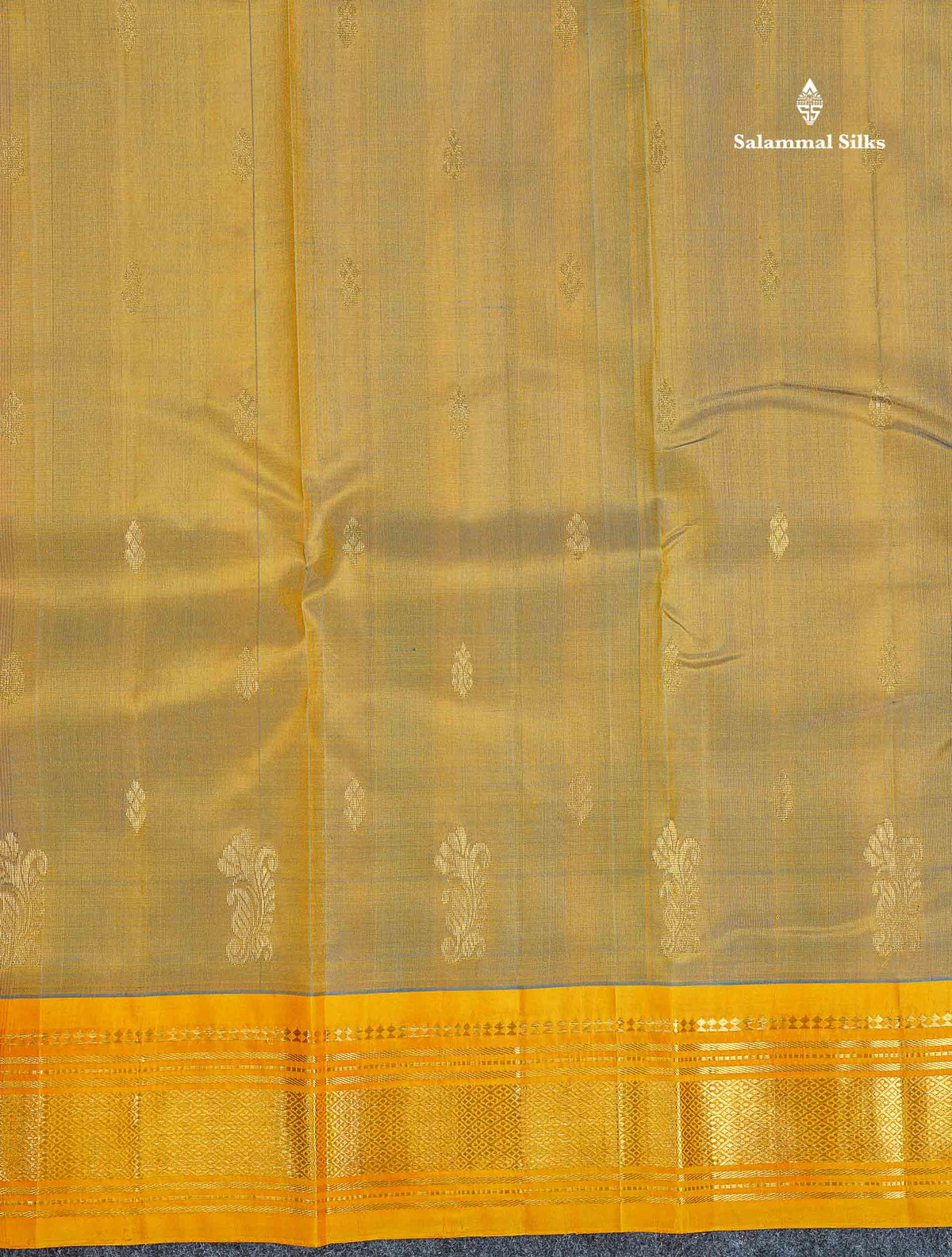 One Side Border Pure Silk Saree - Mehandi Green Colour Body Zari Butta With Contrast Yellow Border