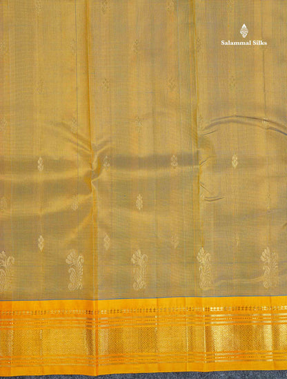 One Side Border Pure Silk Saree - Mehandi Green Colour Body Zari Butta With Contrast Yellow Border