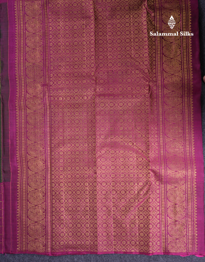 Beautiful Bottle Green Pure Kanjivaram Silk Saree With Contrast Magenta Checks Border
