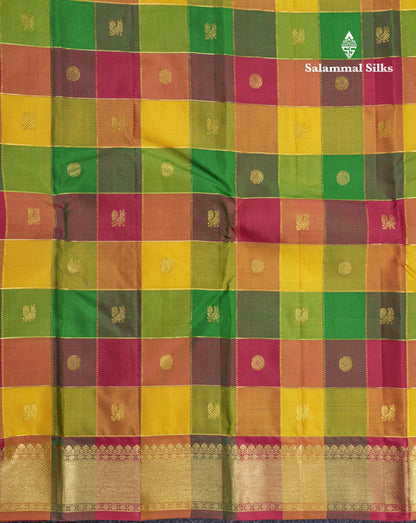 Paalum Pazham Zari Checks Pure Kanjivaram Silk Saree With Traditional Border