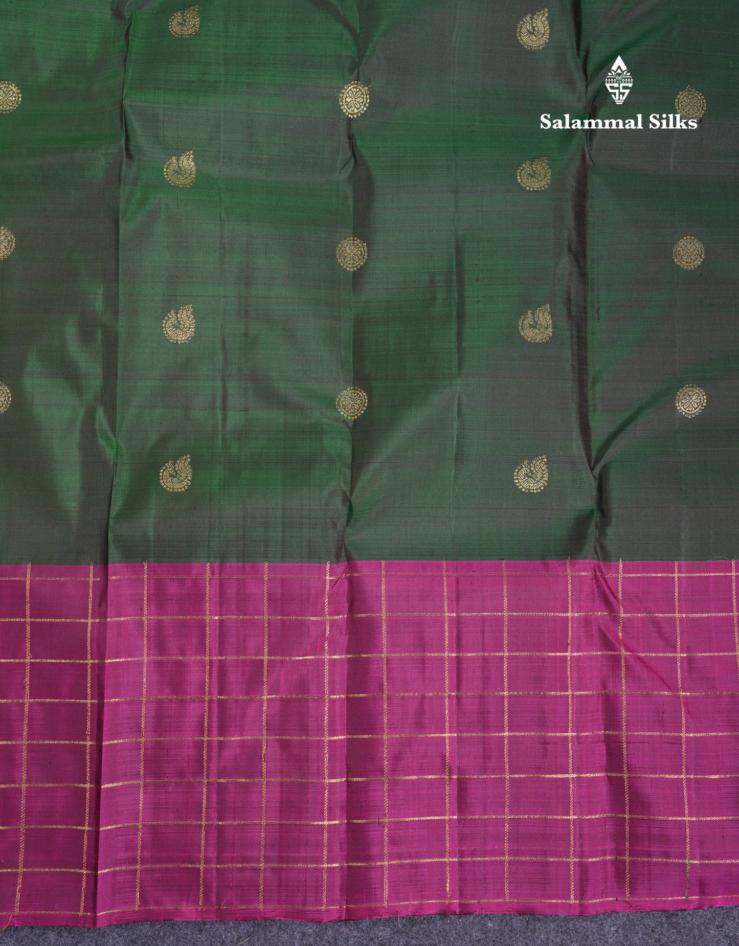 Beautiful Bottle Green Pure Kanjivaram Silk Saree With Contrast Magenta Checks Border