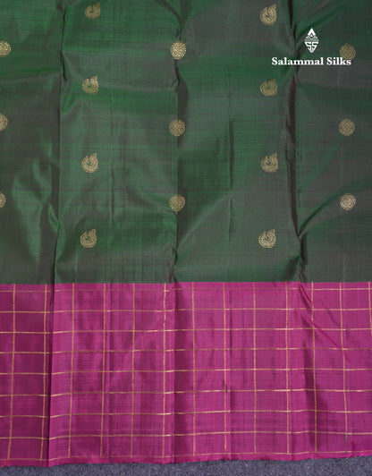 Beautiful Bottle Green Pure Kanjivaram Silk Saree With Contrast Magenta Checks Border