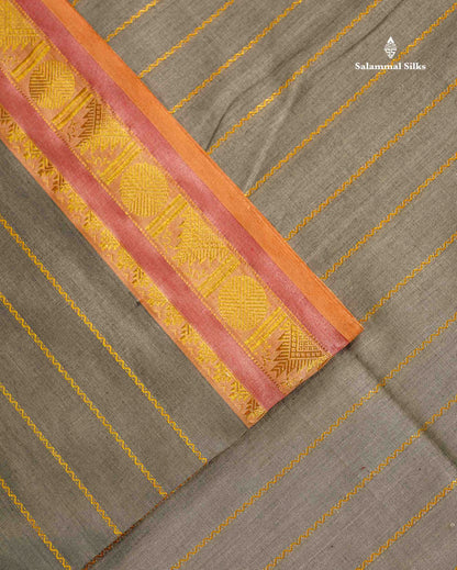 Semi Silk Cotton Saree - Light Grey Colour Body With Traditional Border