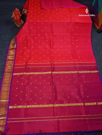 One Side Border Pure Silk Saree - Redish Pink Colour Body Zari Butta With Purple Border