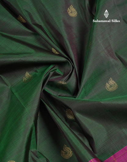 Beautiful Bottle Green Pure Kanjivaram Silk Saree With Contrast Magenta Checks Border
