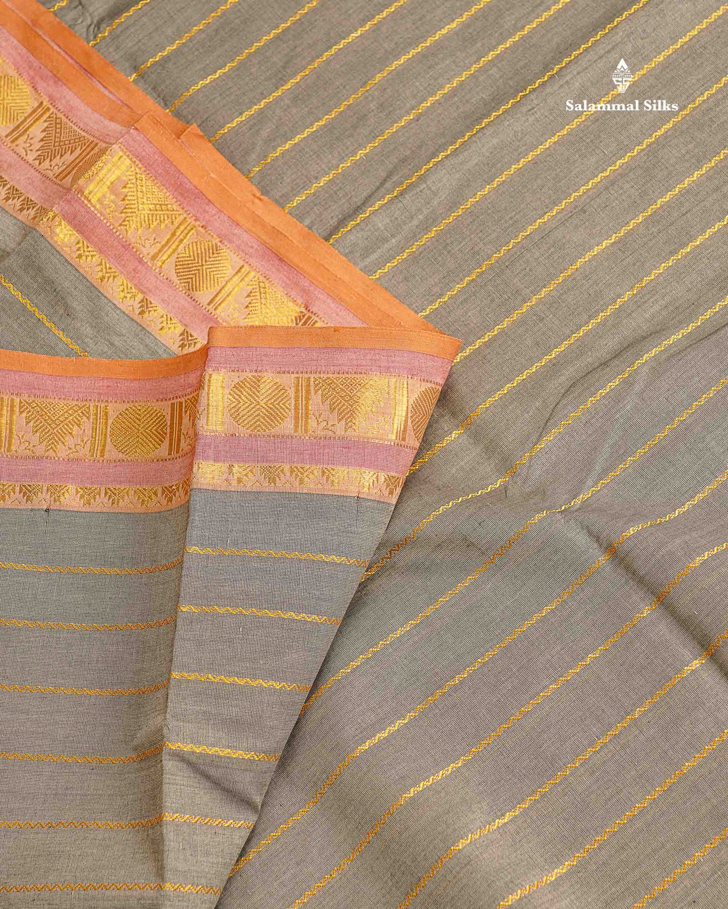 Semi Silk Cotton Saree - Light Grey Colour Body With Traditional Border
