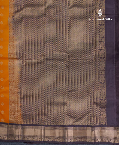Mustard Yellow Pure Kanjivaram Silk Saree With Contrast Dark Brown Border