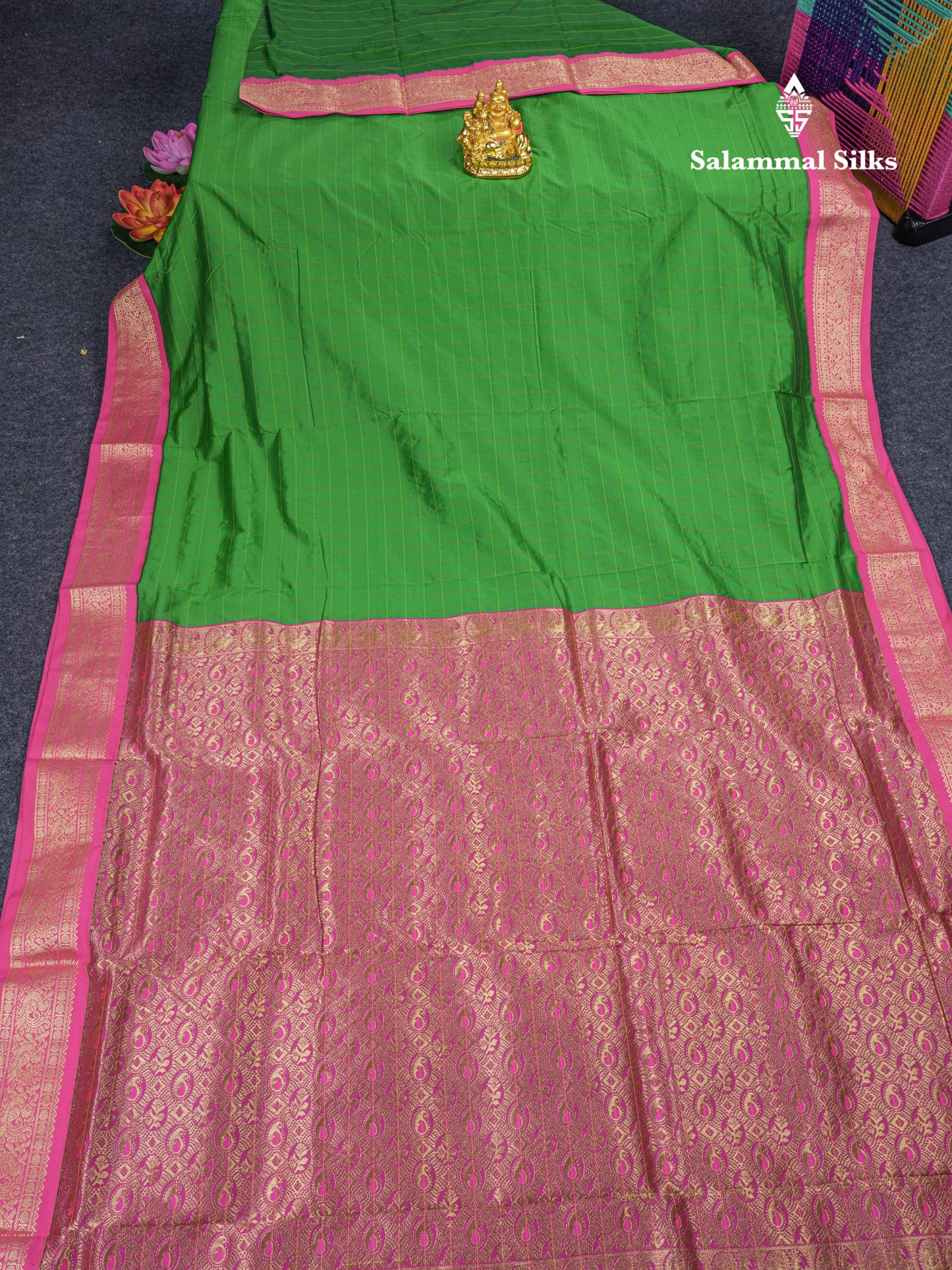 9 Yards Semi Silk Saree Green with Contrast Pink Border