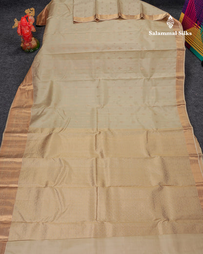 Beautiful Cream Sandal Pure Kanjivaram Silk Saree With Traditional Evening Morning Border