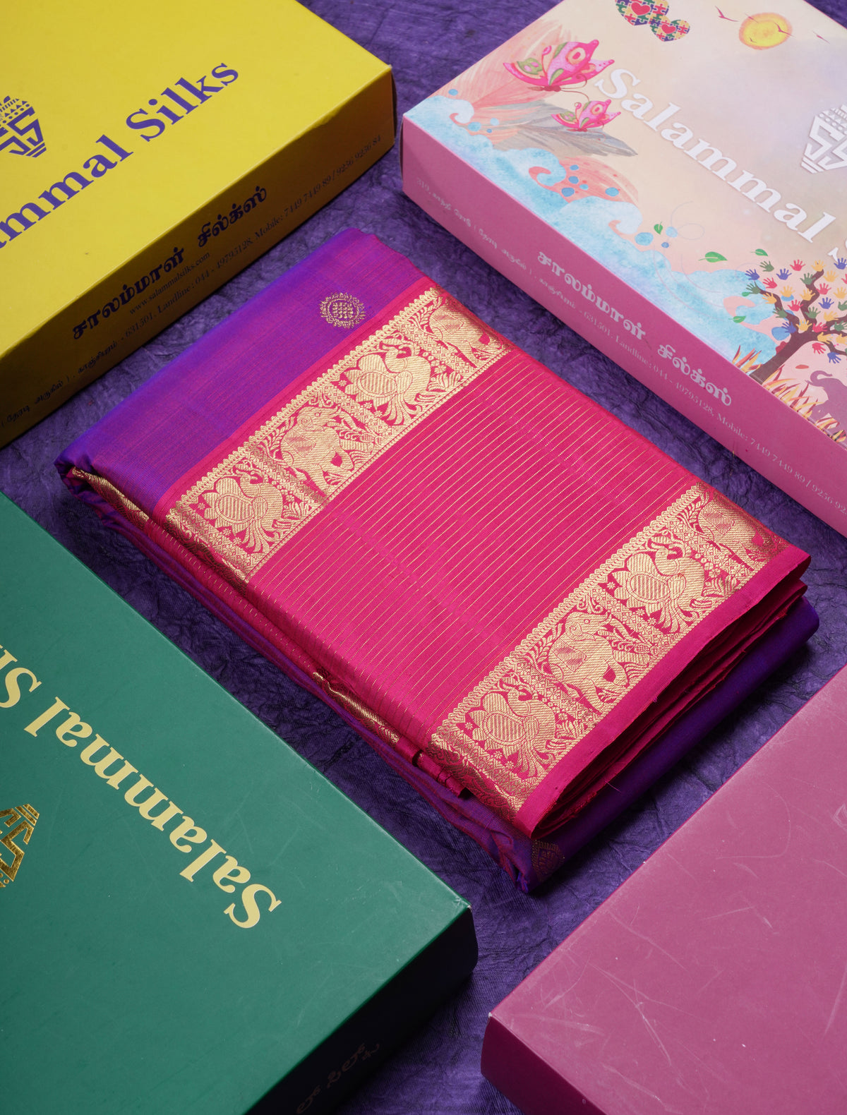 Beautiful Dual Tone Purple Pure Kanjivaram Silk Saree With Contrast Magenta Pink Traditional Border