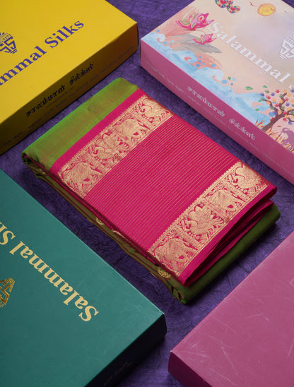 Beautiful Dual Tone Purple Pure Kanjivaram Silk Saree With Contrast Magenta Pink Traditional Border