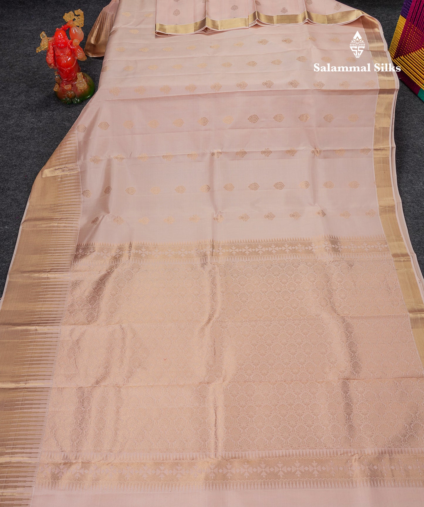 Beautiful Peach Pure Kanjivaram Silk Saree With Evening Morning Traditional Temple Border
