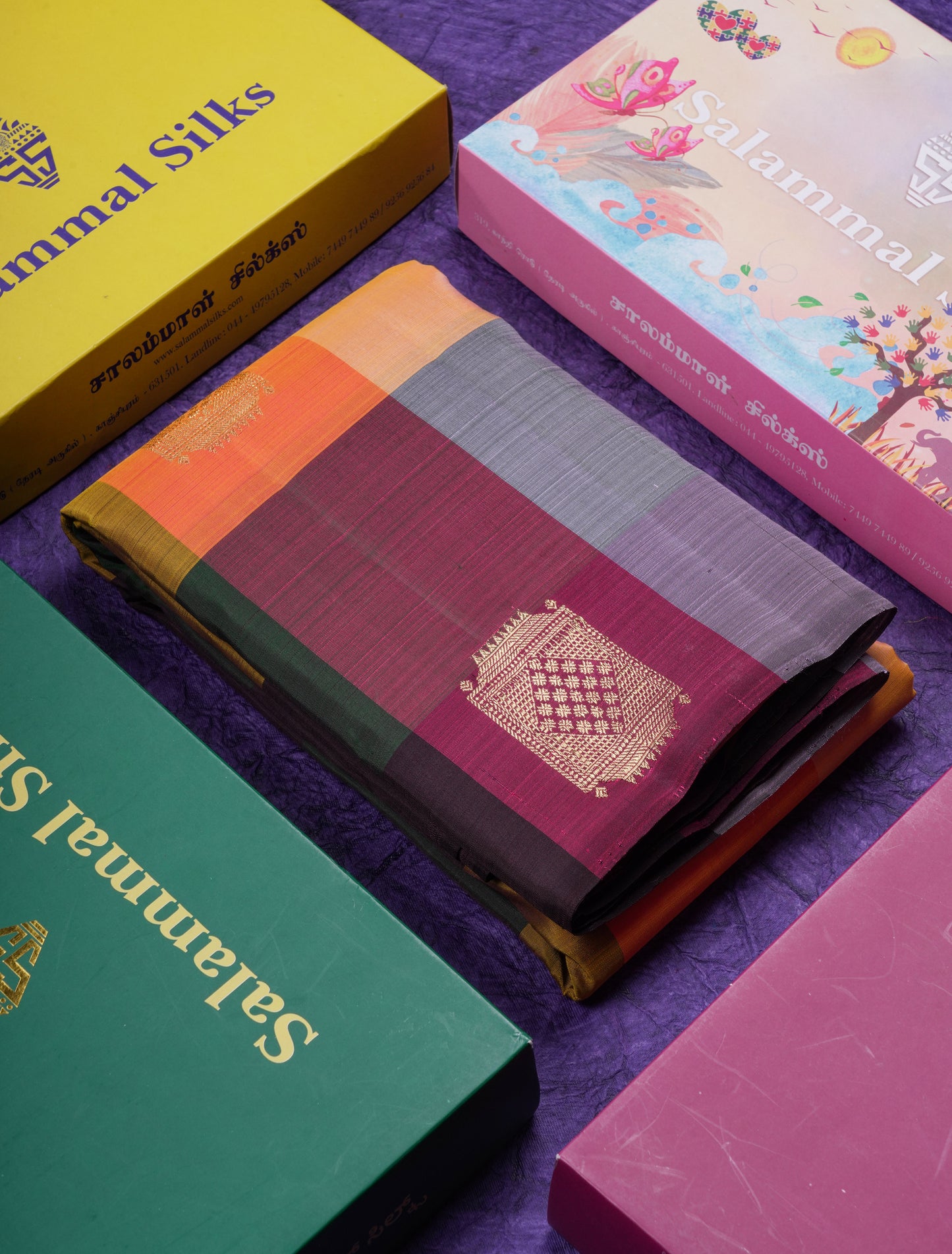 Beautiful Paalum Pazham Big Checks With Butta Pure Kanjivaram Silk Saree With Contrast Maroon Blouse