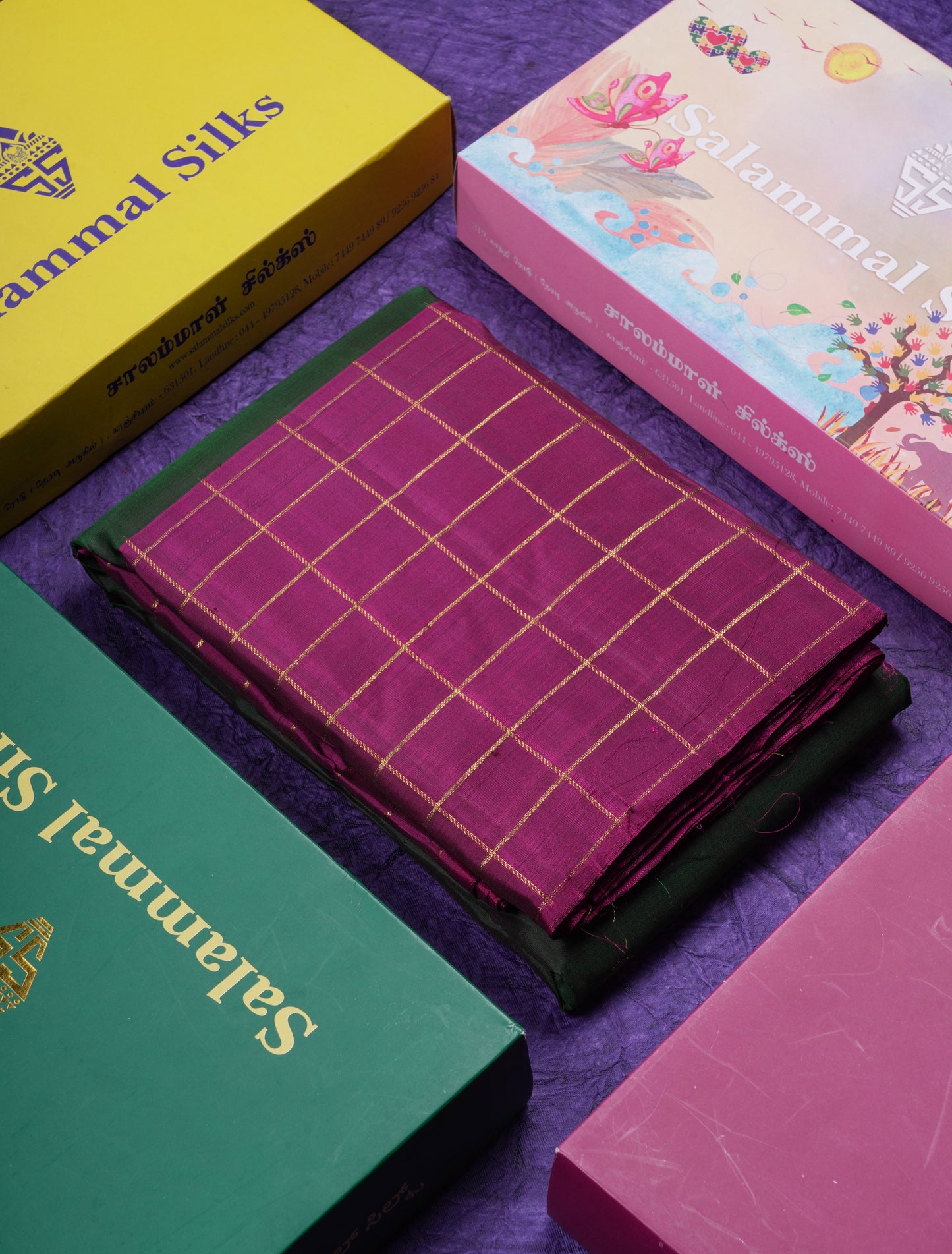 Beautiful Bottle Green Pure Kanjivaram Silk Saree With Contrast Magenta Checks Border