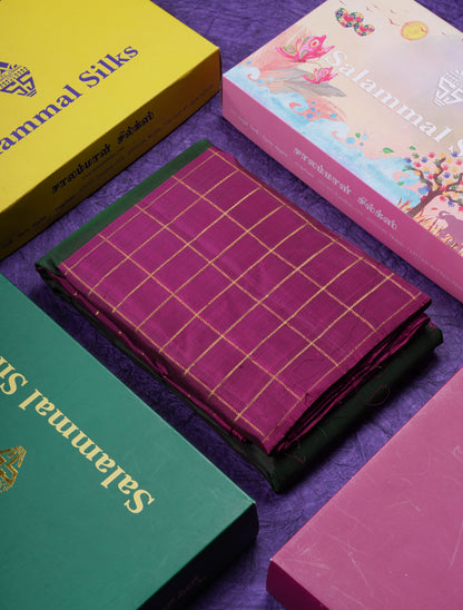 Beautiful Bottle Green Pure Kanjivaram Silk Saree With Contrast Magenta Checks Border