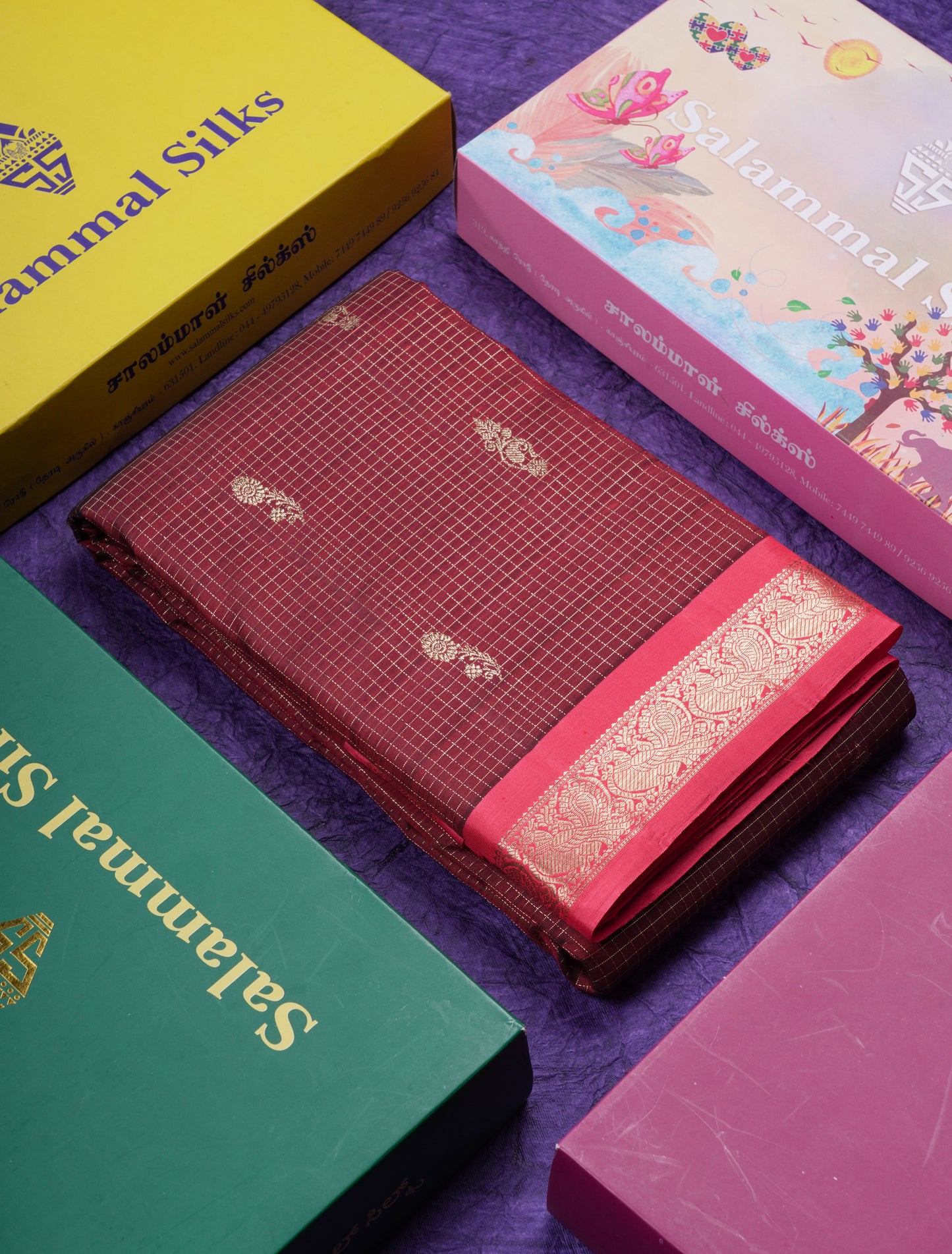Beautiful Purple Zari Checks With Butta Pure Kanjivaram Silk Saree With Contrast Oniom Pink Traditional Border