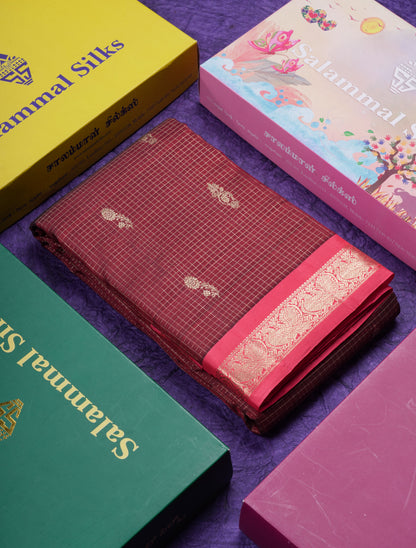 Beautiful Purple Zari Checks With Butta Pure Kanjivaram Silk Saree With Contrast Oniom Pink Traditional Border