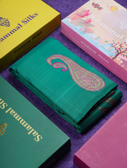 Beautiful Sapphire Green Zari And Thread Work Butta Pure Kanjivaram Silk Saree With Contrast Rani Pink Blouse