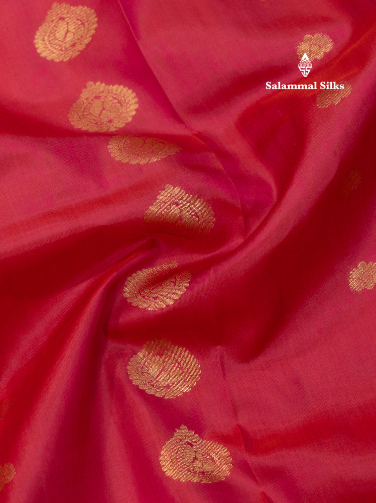 Pinkish Red Colour Pure Kanjivaram Silk Saree With Small Gold Zari Border