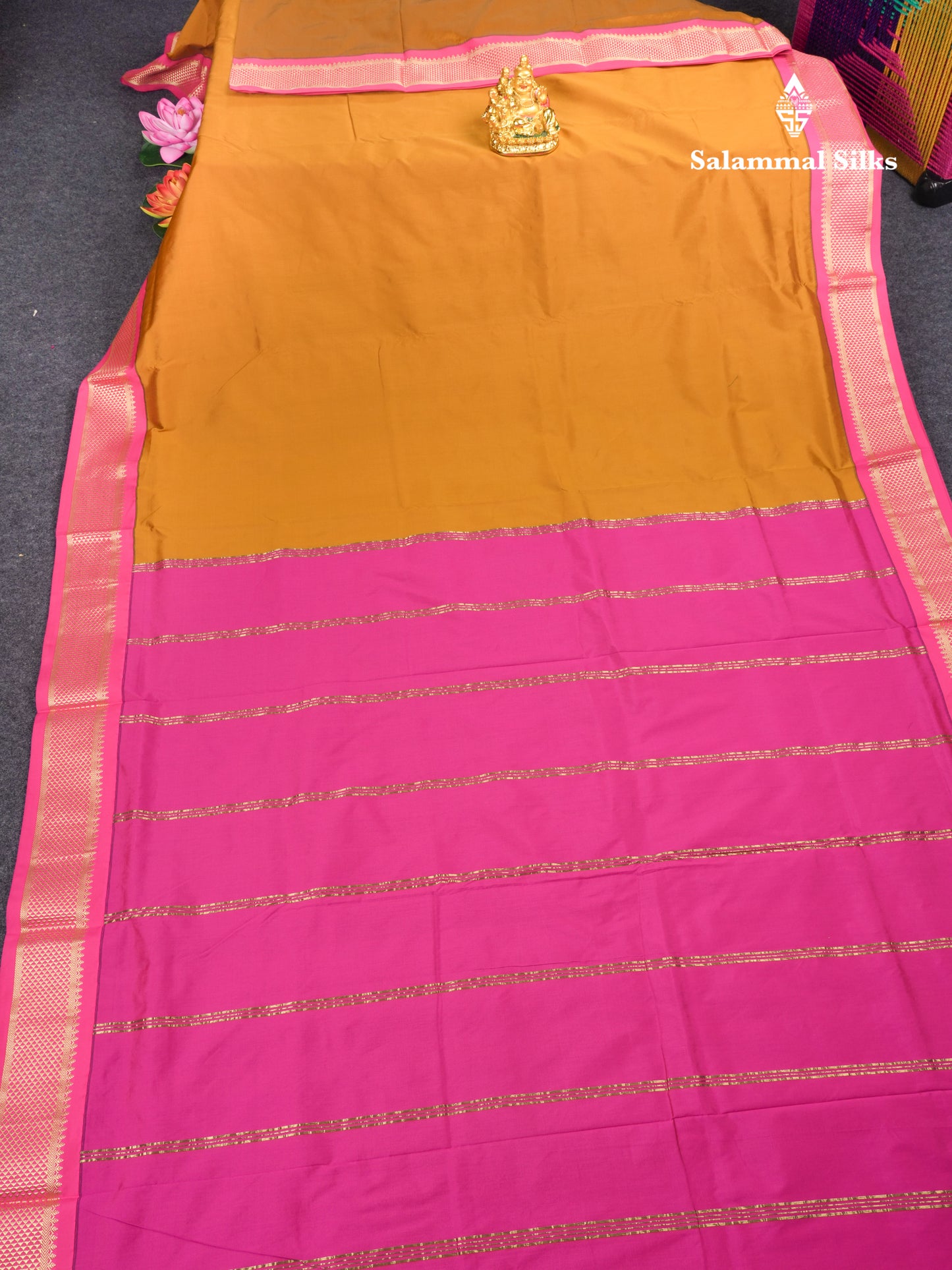 9 Yards Semi Silk Saree Mustard Yellow with Contrast Pink Border