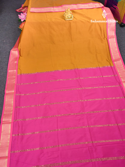 9 Yards Semi Silk Saree Mustard Yellow with Contrast Pink Border