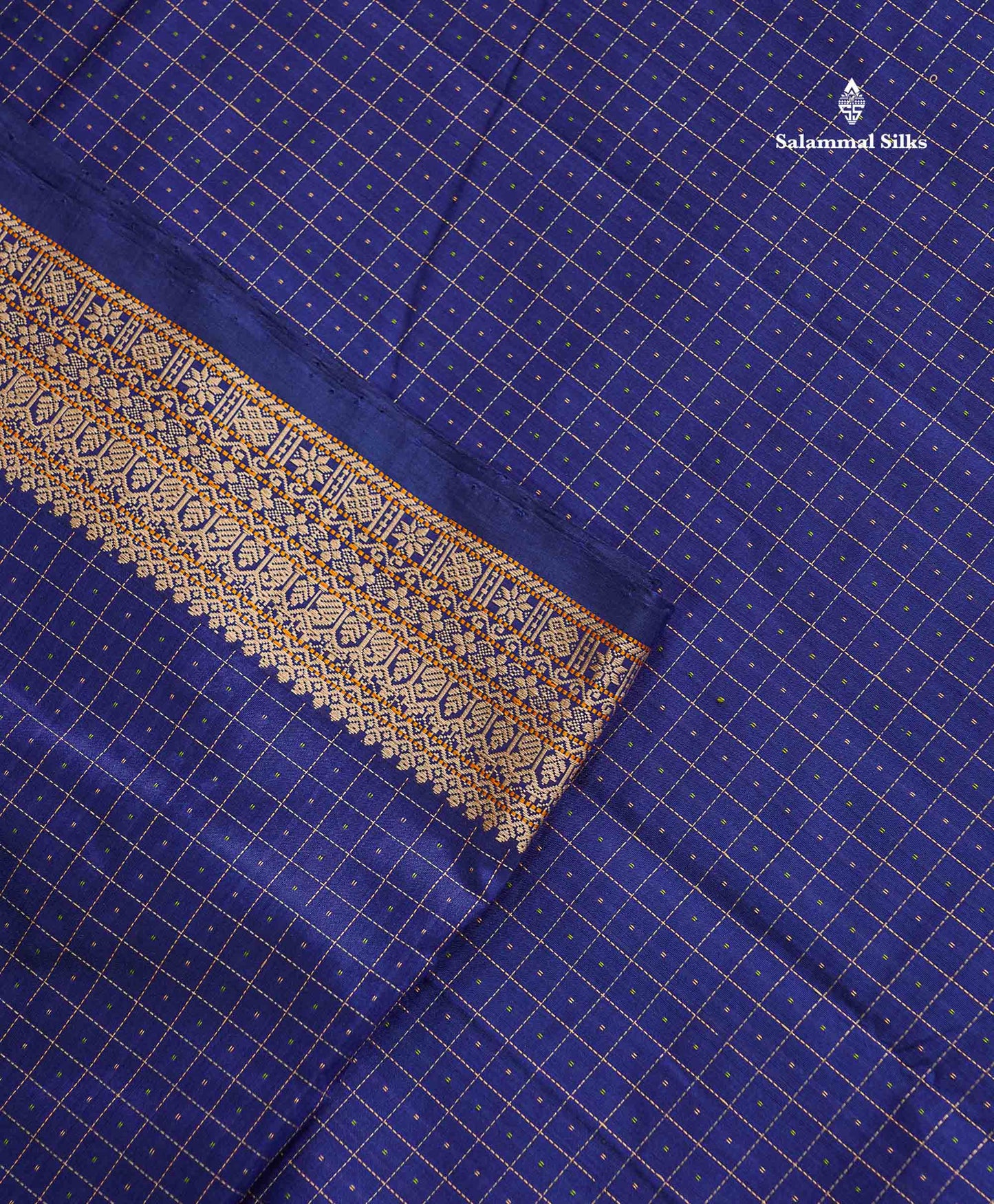Semi Silk Cotton Saree - Navy Blue Colour Body Small Checks With Butta & Thread Work Border